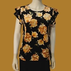 A.N.A. Black Floral Velour Butterfly Sleeve Scoop Neck Fairycore Blouse